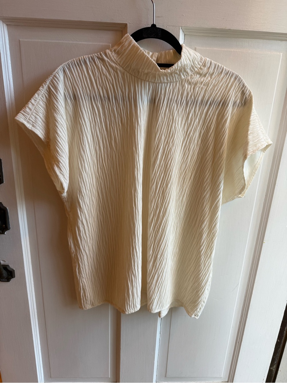 Vintage Cream Pleated Short Sleeve Mock Neck Top